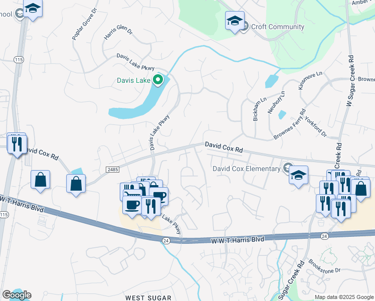 map of restaurants, bars, coffee shops, grocery stores, and more near 4715 Steepleglen Court in Charlotte