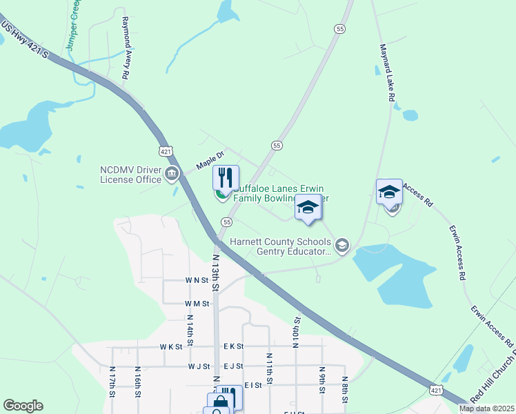 map of restaurants, bars, coffee shops, grocery stores, and more near 82 Porter Drive in Erwin