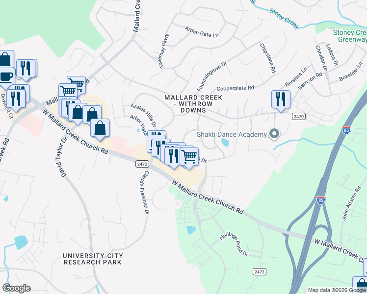map of restaurants, bars, coffee shops, grocery stores, and more near 1924 Arbor Vista Drive in Charlotte