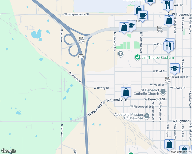 map of restaurants, bars, coffee shops, grocery stores, and more near 1418 West Wheeler Street in Shawnee