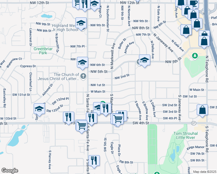 map of restaurants, bars, coffee shops, grocery stores, and more near 1004 Northwest 1st Street in Moore