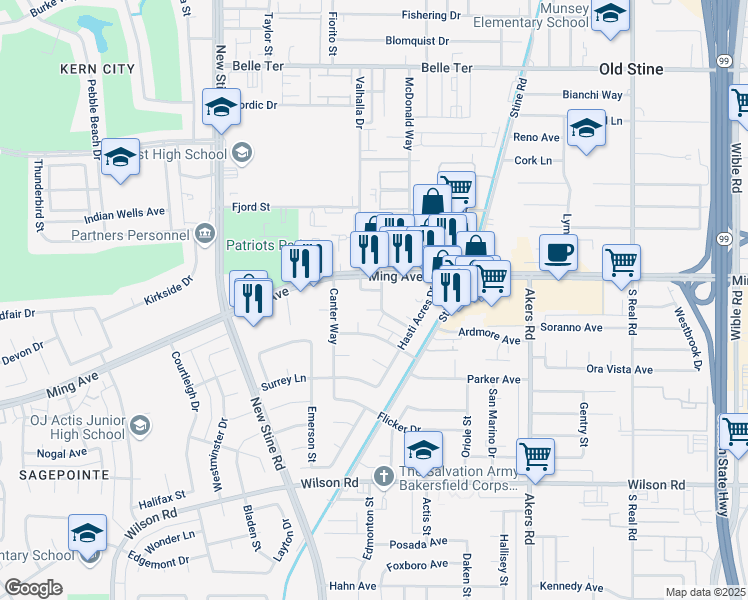 map of restaurants, bars, coffee shops, grocery stores, and more near 4949 Buckley Way in Bakersfield