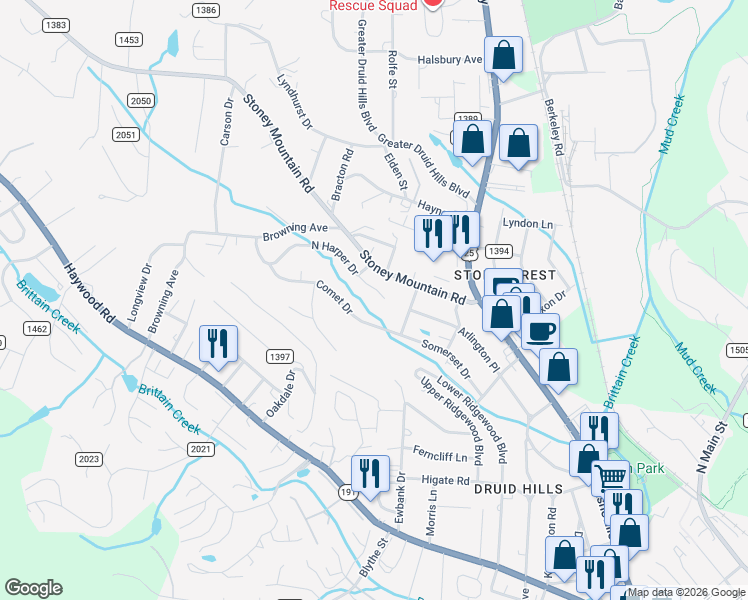 map of restaurants, bars, coffee shops, grocery stores, and more near 58 Cornerstone Way in Hendersonville