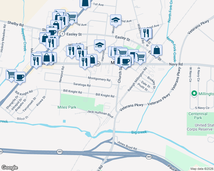 map of restaurants, bars, coffee shops, grocery stores, and more near 4916 Saratoga Road in Millington