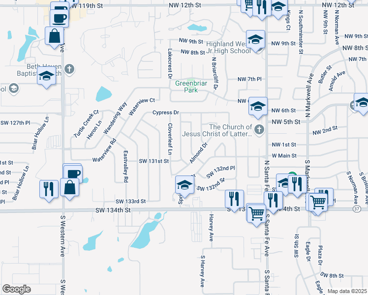 map of restaurants, bars, coffee shops, grocery stores, and more near 13116 Mapleleaf Drive in Oklahoma City