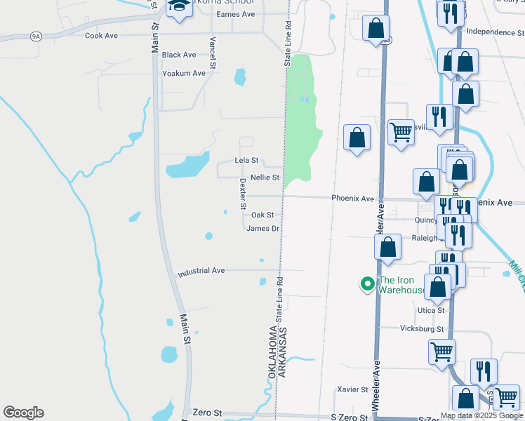 map of restaurants, bars, coffee shops, grocery stores, and more near 107 Oak Street in Arkoma