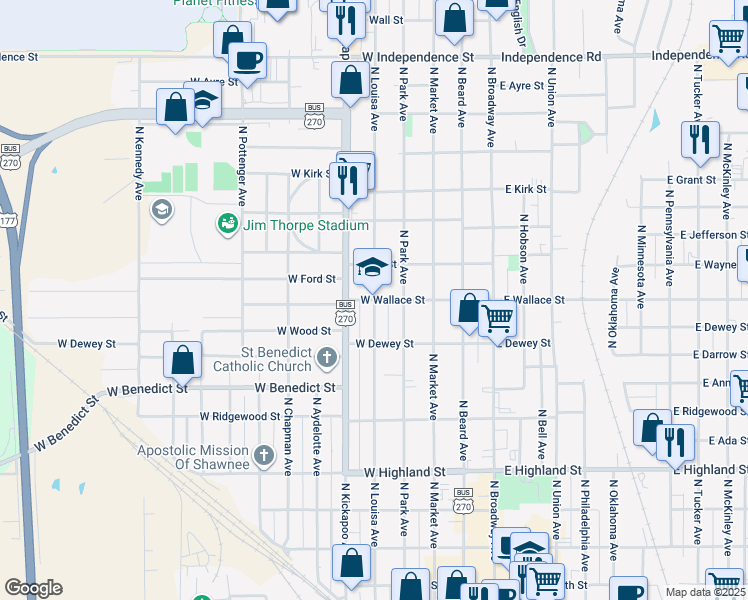 map of restaurants, bars, coffee shops, grocery stores, and more near 800 North Louisa Avenue in Shawnee