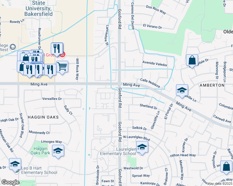 map of restaurants, bars, coffee shops, grocery stores, and more near 1800 Holt Rinehart Avenue in Bakersfield