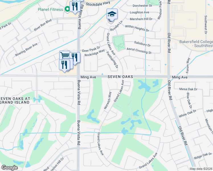 map of restaurants, bars, coffee shops, grocery stores, and more near 1715 Norwich Way in Bakersfield