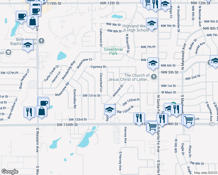 map of restaurants, bars, coffee shops, grocery stores, and more near 13116 Mapleleaf Drive in Oklahoma City