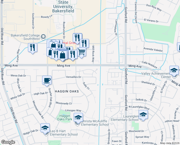 map of restaurants, bars, coffee shops, grocery stores, and more near 8606 Fairfield Drive in Bakersfield