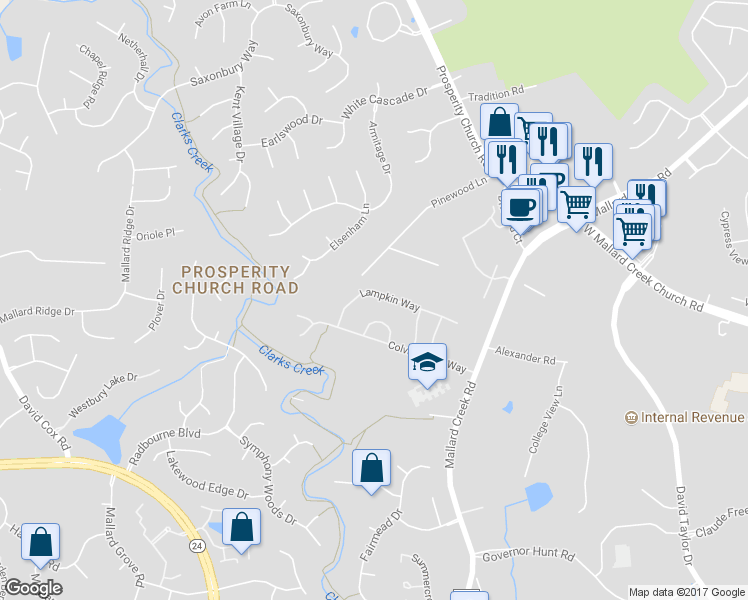 map of restaurants, bars, coffee shops, grocery stores, and more near 10020 Lampkin Way in Charlotte