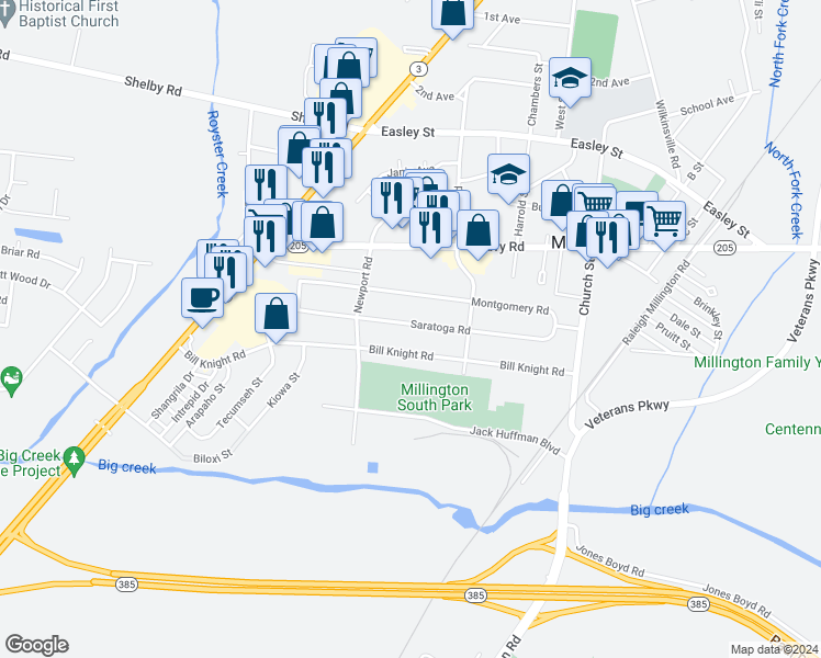 map of restaurants, bars, coffee shops, grocery stores, and more near 4769 Saratoga Road in Millington