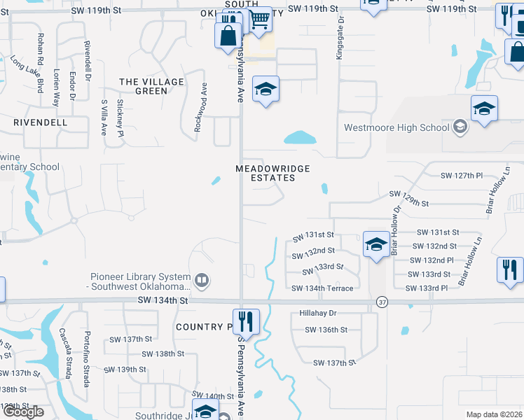 map of restaurants, bars, coffee shops, grocery stores, and more near 1628 Southwest 129th Street in Oklahoma City