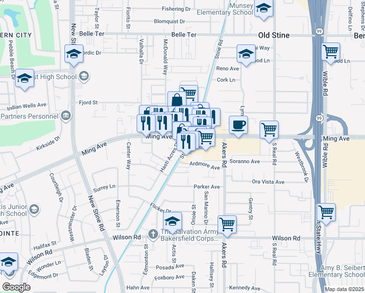 map of restaurants, bars, coffee shops, grocery stores, and more near 1701 Stine Road in Bakersfield