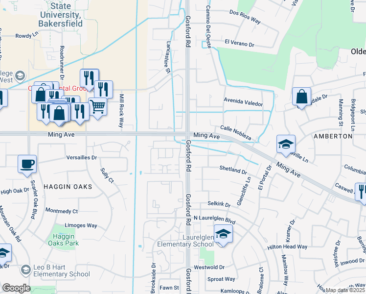 map of restaurants, bars, coffee shops, grocery stores, and more near 1722 Holt Rinehart Avenue in Bakersfield