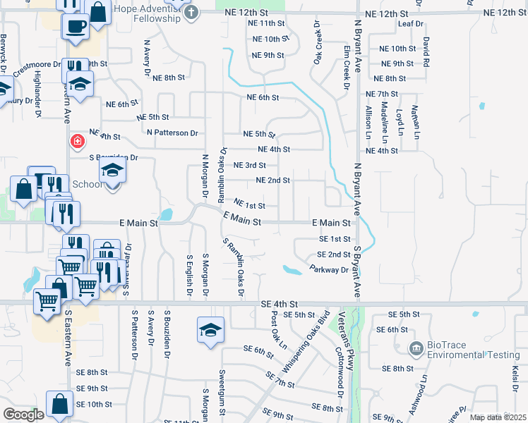 map of restaurants, bars, coffee shops, grocery stores, and more near 1512 Northeast 1st Street in Moore