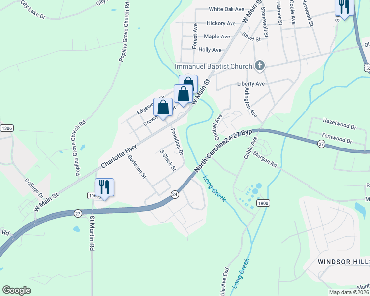 map of restaurants, bars, coffee shops, grocery stores, and more near 208/210 Freedom Drive in Albemarle
