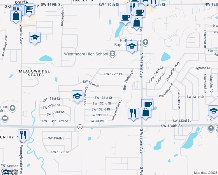 map of restaurants, bars, coffee shops, grocery stores, and more near 1109 Southwest 130th Street in Oklahoma City