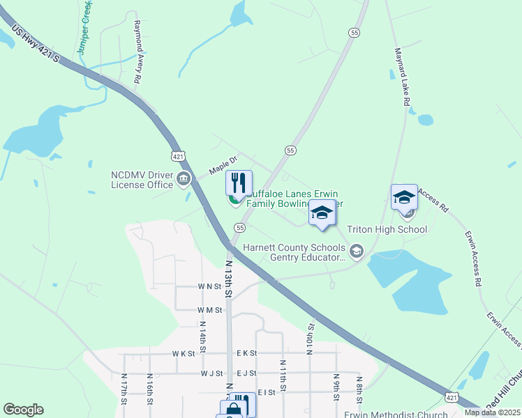 map of restaurants, bars, coffee shops, grocery stores, and more near 82 Porter Drive in Erwin