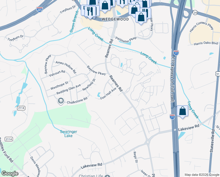 map of restaurants, bars, coffee shops, grocery stores, and more near 7116 Finn Hall Avenue in Charlotte