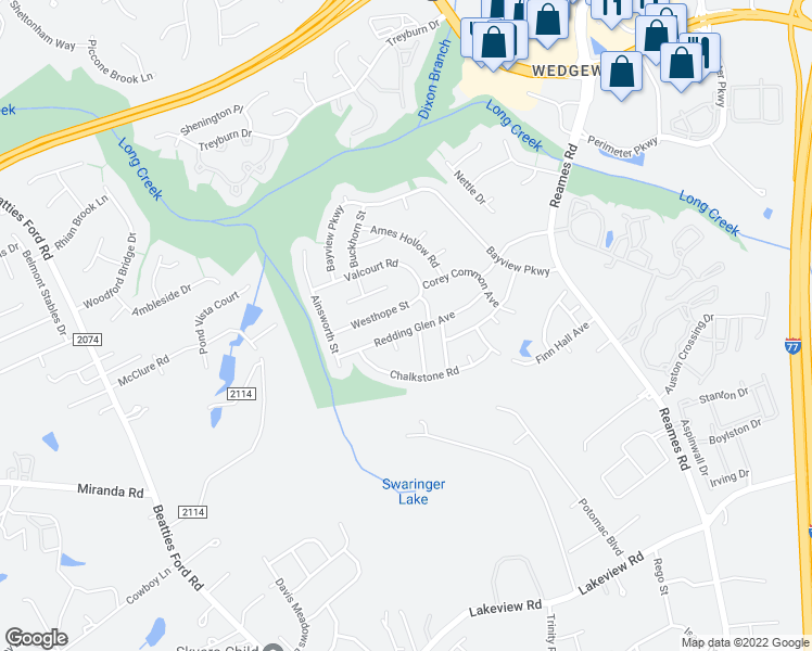 map of restaurants, bars, coffee shops, grocery stores, and more near 8515 Redding Glen Avenue in Charlotte