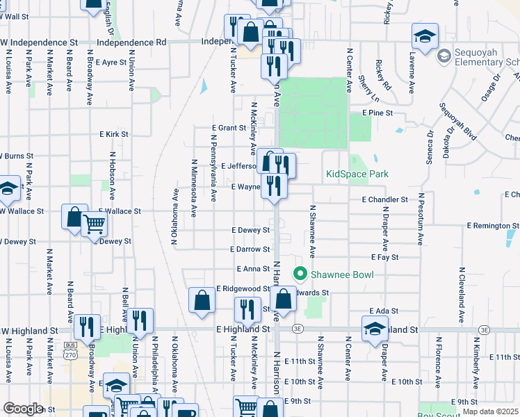 map of restaurants, bars, coffee shops, grocery stores, and more near 1023 North McKinley Avenue in Shawnee