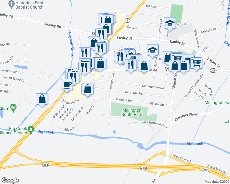 map of restaurants, bars, coffee shops, grocery stores, and more near 4727 Saratoga Road in Millington
