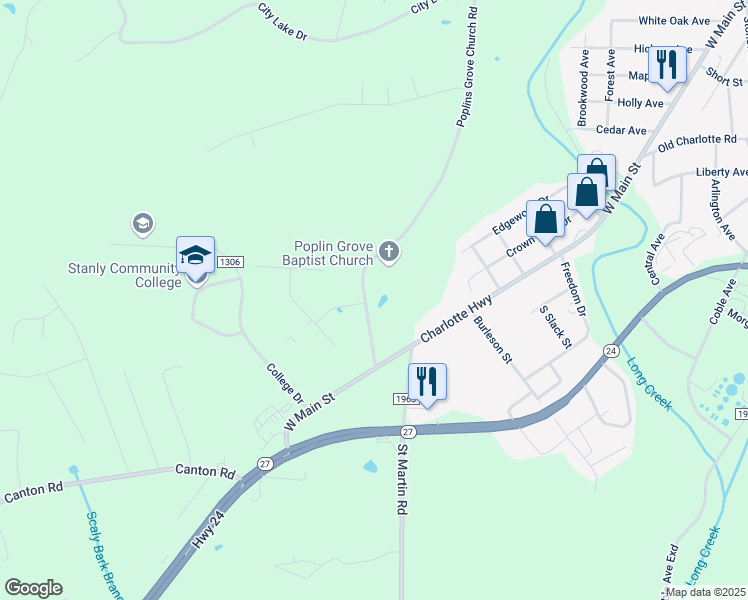map of restaurants, bars, coffee shops, grocery stores, and more near 2601 Normandy Street in Albemarle
