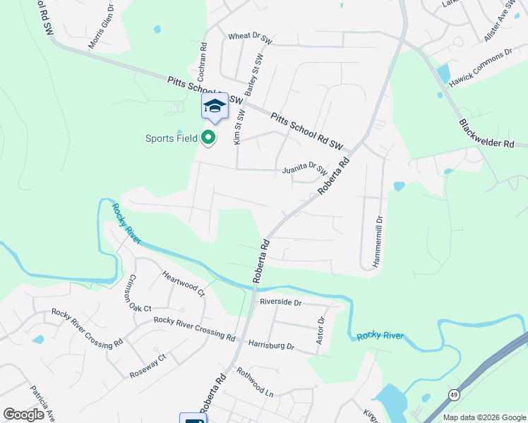 map of restaurants, bars, coffee shops, grocery stores, and more near 802 Mott Shue Drive Southwest in Concord
