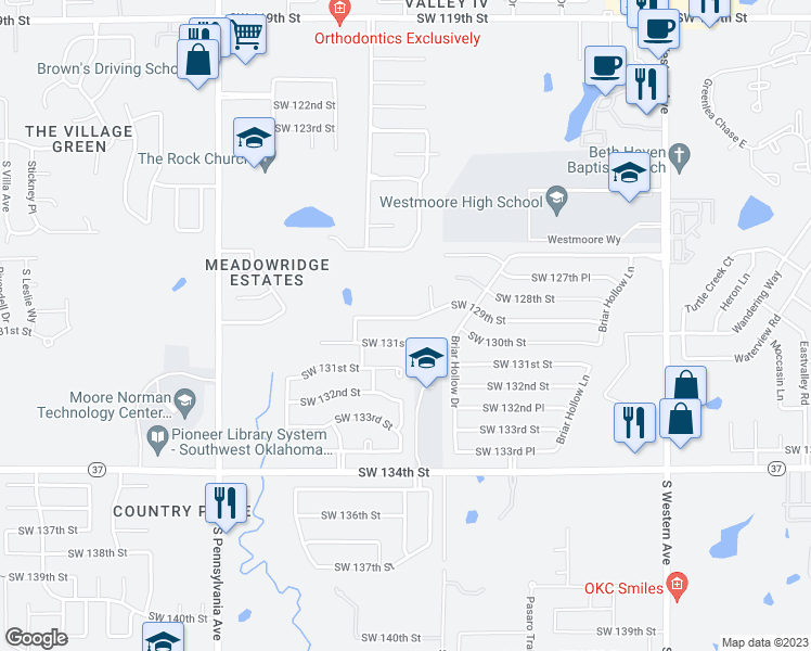 map of restaurants, bars, coffee shops, grocery stores, and more near 1420 Southwest 129th Street in Oklahoma City