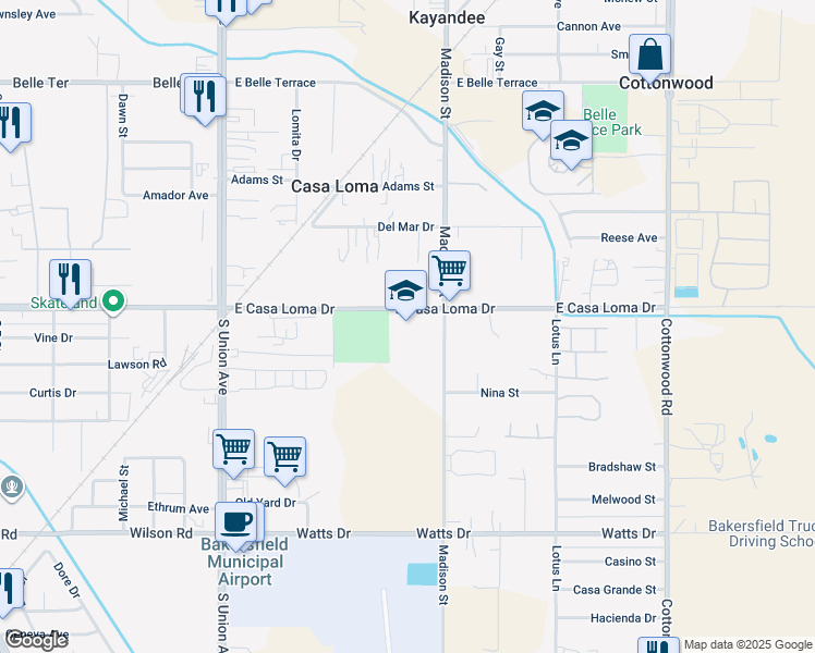 map of restaurants, bars, coffee shops, grocery stores, and more near 525 East Casa Loma Drive in Bakersfield