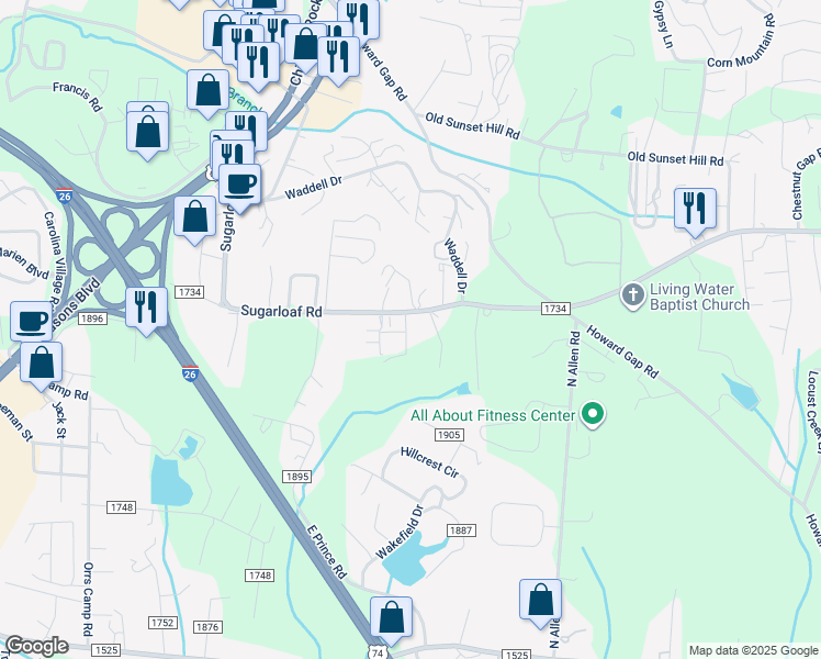 map of restaurants, bars, coffee shops, grocery stores, and more near 762 Sugarloaf Road in Hendersonville