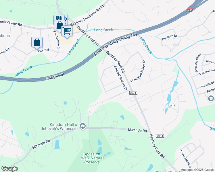 map of restaurants, bars, coffee shops, grocery stores, and more near 3910 Hunter Hill Lane in Charlotte