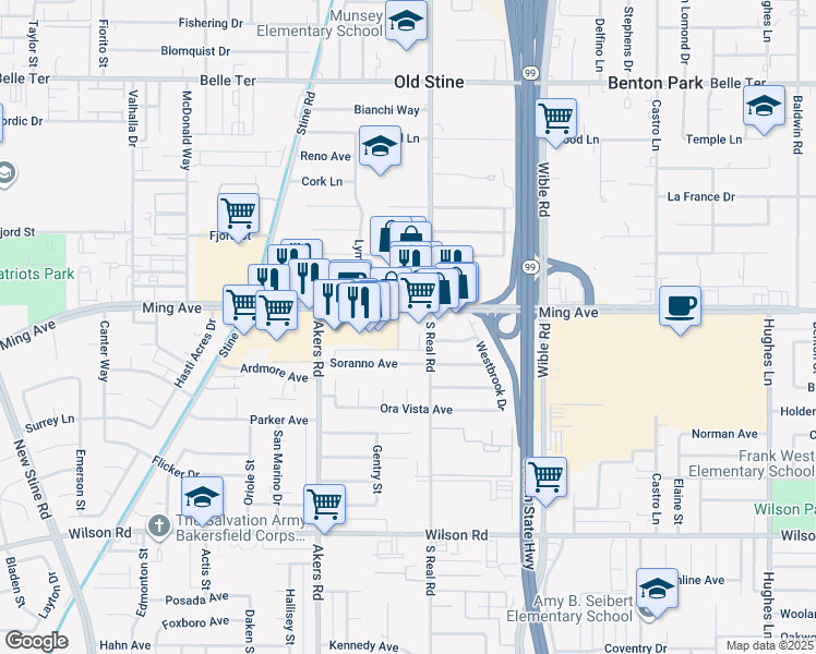 map of restaurants, bars, coffee shops, grocery stores, and more near 3757 Ming Avenue in Bakersfield