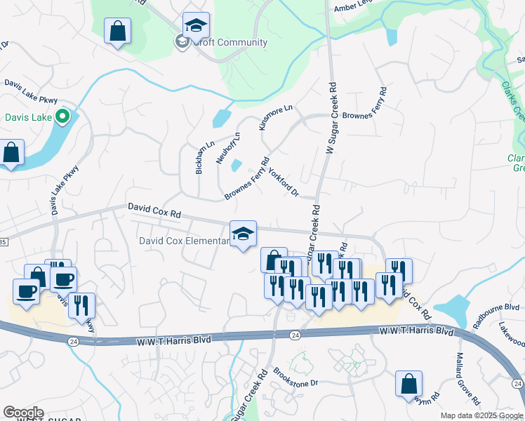 map of restaurants, bars, coffee shops, grocery stores, and more near 4100 David Cox Road in Charlotte