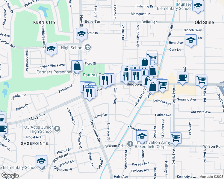 map of restaurants, bars, coffee shops, grocery stores, and more near 1817 Canter Way in Bakersfield