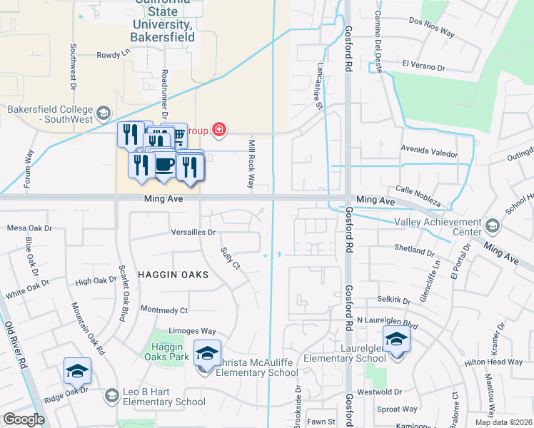 map of restaurants, bars, coffee shops, grocery stores, and more near 8506 Beau Maison Way in Bakersfield