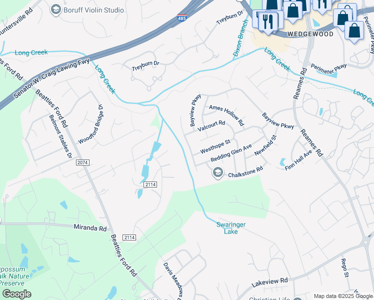 map of restaurants, bars, coffee shops, grocery stores, and more near 8319 Ainsworth Street in Charlotte