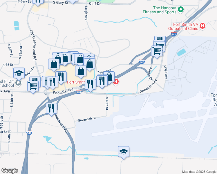 map of restaurants, bars, coffee shops, grocery stores, and more near 4601 Phoenix Avenue in Fort Smith
