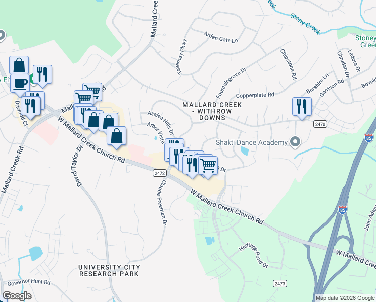 map of restaurants, bars, coffee shops, grocery stores, and more near Arbor Vista Drive in Charlotte