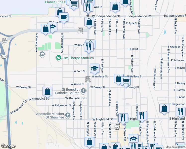 map of restaurants, bars, coffee shops, grocery stores, and more near 800 North Louisa Avenue in Shawnee