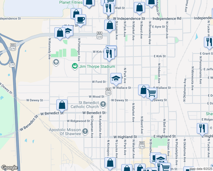 map of restaurants, bars, coffee shops, grocery stores, and more near 838 North Kickapoo Avenue in Shawnee