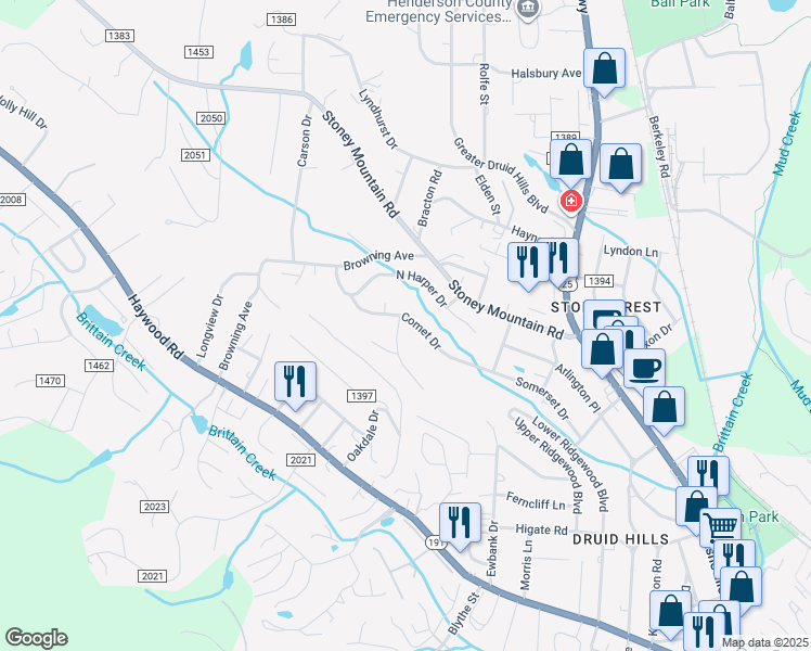 map of restaurants, bars, coffee shops, grocery stores, and more near 70 Skyline Drive in Hendersonville