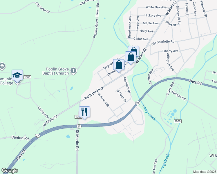 map of restaurants, bars, coffee shops, grocery stores, and more near 2311 West Main Street in Albemarle