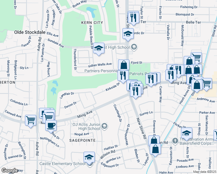 map of restaurants, bars, coffee shops, grocery stores, and more near 5700 Kirkside Drive in Bakersfield