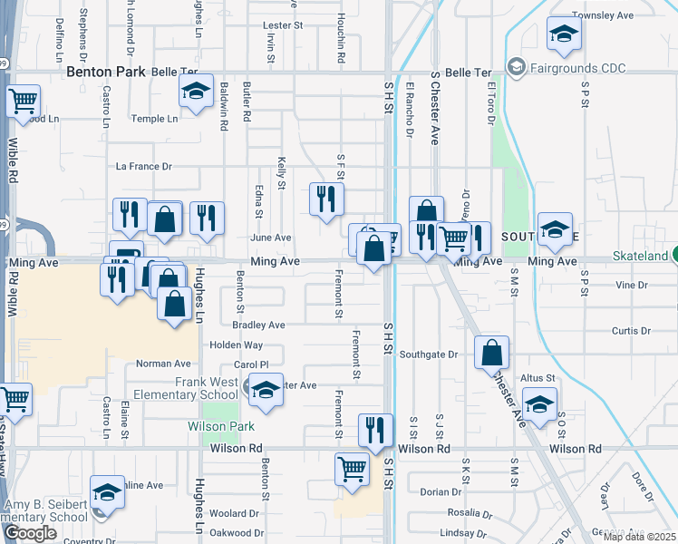 map of restaurants, bars, coffee shops, grocery stores, and more near 1701 Fremont Street in Bakersfield