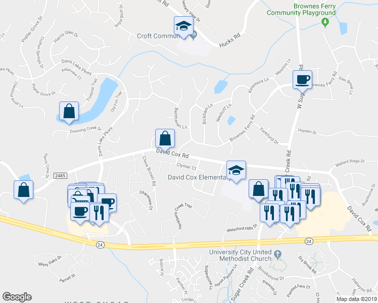map of restaurants, bars, coffee shops, grocery stores, and more near 4407 David Cox Road in Charlotte