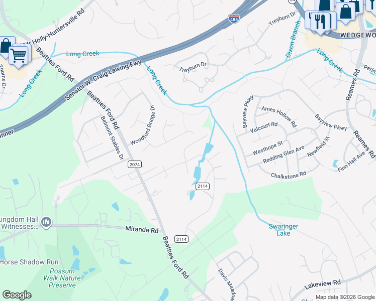 map of restaurants, bars, coffee shops, grocery stores, and more near 9507 Pond Vista Court in Charlotte