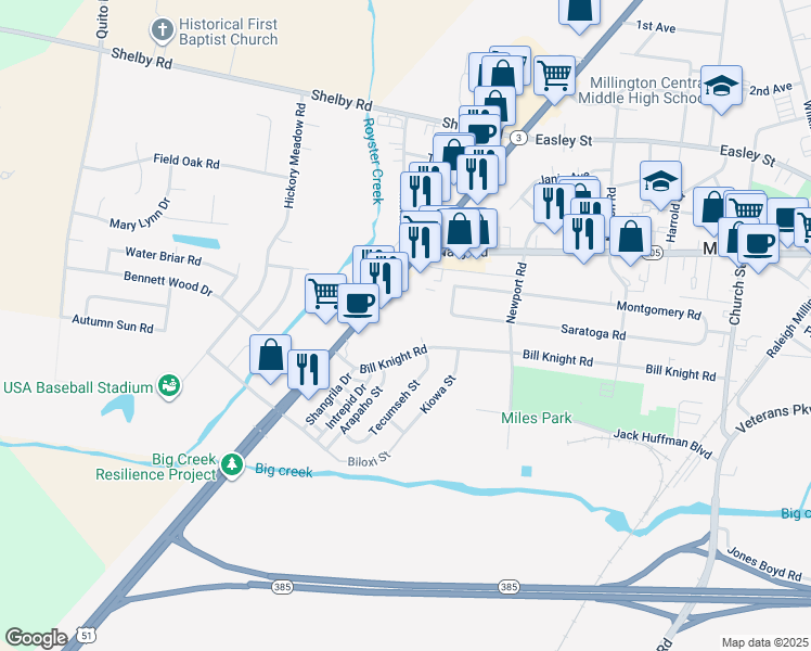 map of restaurants, bars, coffee shops, grocery stores, and more near 4598 Bill Knight Road in Millington